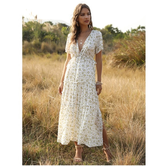 Boho Deep V White Floral Dress - Picture 5 of 7